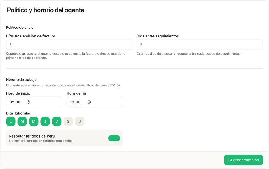 Política y horario del agente: días de envío, horario de Lima y feriados