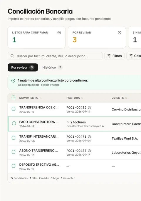 Conciliación bancaria: movimientos por revisar con su nivel de coincidencia