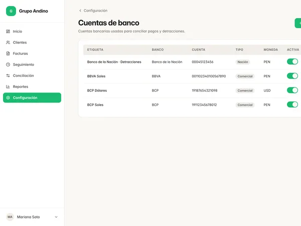 Cuentas de banco: etiqueta, banco, cuenta, tipo y moneda